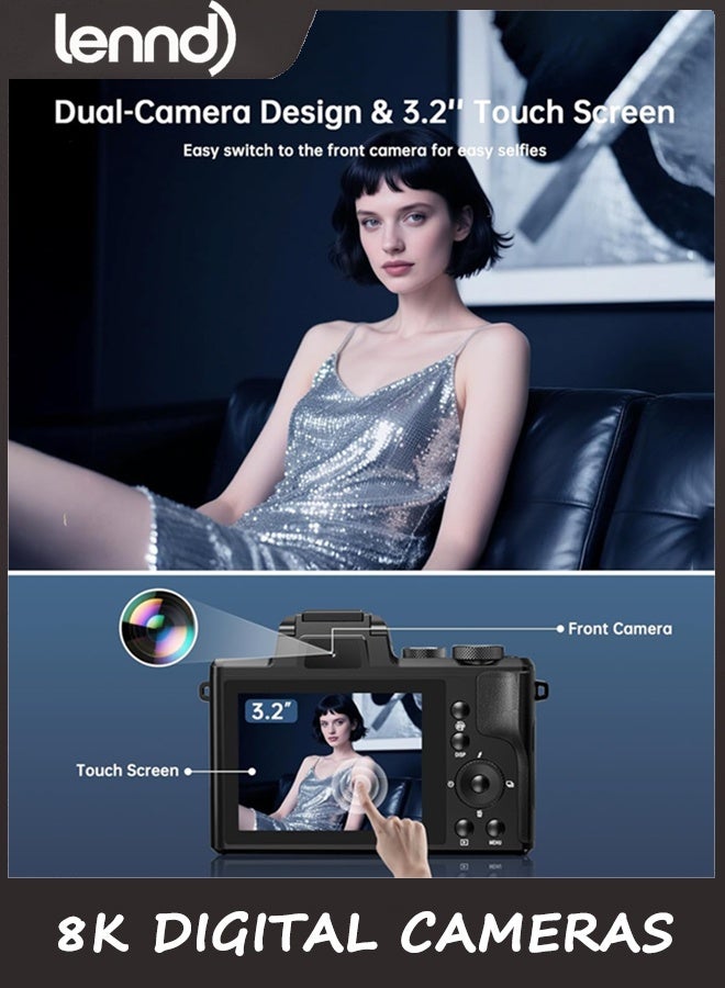 LENND 8K Digital Cameras for Photography - Autofocus 88MP WiFi Vlogging Camera for YouTube with Dual-Lens - 16X Digital Zoom Vlog Camera with Lens Hood, Flash, Touch Screen, 2 Batteries, 32GB TF Card - Image 4