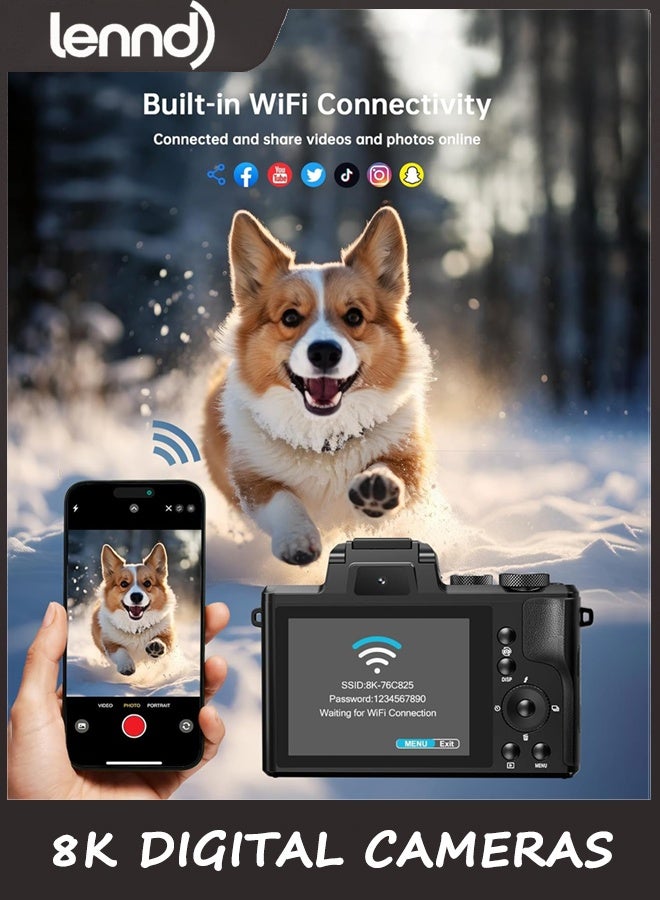 LENND 8K Digital Cameras for Photography - Autofocus 88MP WiFi Vlogging Camera for YouTube with Dual-Lens - 16X Digital Zoom Vlog Camera with Lens Hood, Flash, Touch Screen, 2 Batteries, 32GB TF Card - Image 5
