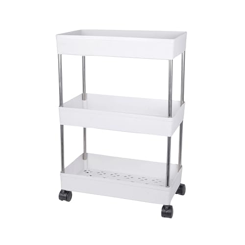 PULSBERY Multipurpose Plastic Trolley with Dish Rack for Kitchen Fruit Vegetable Storage Basket Modern Organizer - 3 Layer Stackable Shelf Cart Kitchenware Food, Snacks, Toys, Tiered Shelf (White) - Image 4