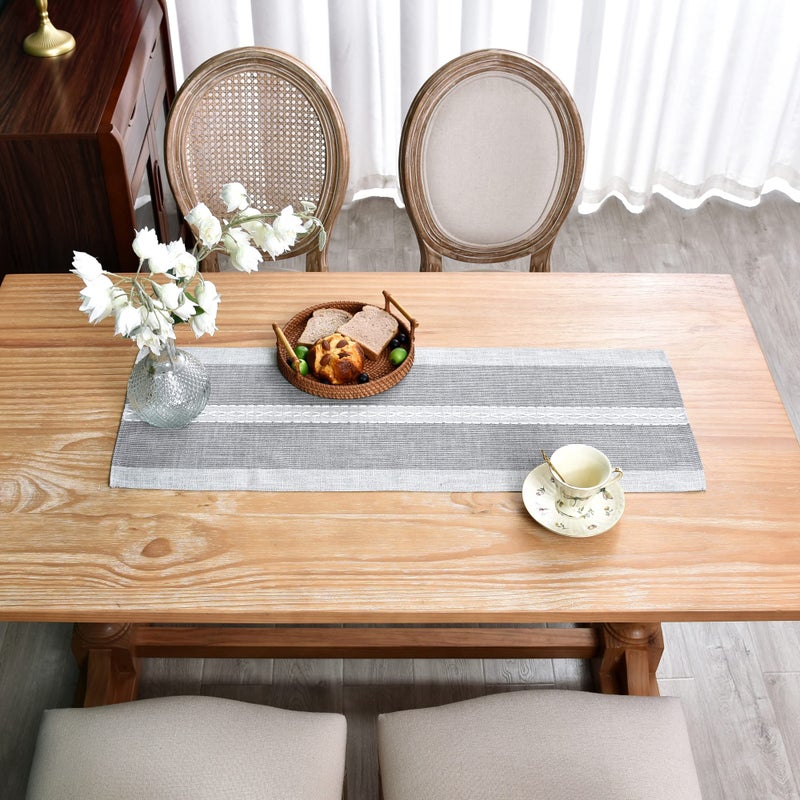 NEWISHER Farmhouse Braided Striped Table Runner Rustic Embroidery Coffee Table Runners for Decorations Weddings Holiday Grey 13x36inch - Image 3