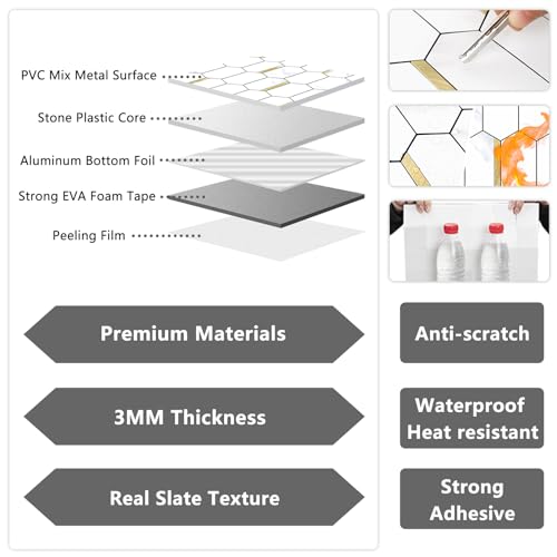 Vamos Tile Long Hexagon Peel and Stick Backsplash Tile - 10 Sheets Stick on Backsplash for Kitchen and Bathroom 12.4 x 12 Inch White Marble Look PVC Mixed Metal Gold Self Adhesive Mosaic Wall Tiles - Image 3