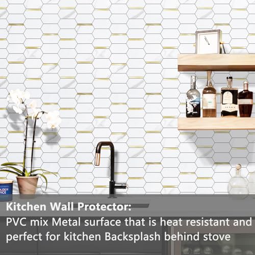 Vamos Tile Long Hexagon Peel and Stick Backsplash Tile - 10 Sheets Stick on Backsplash for Kitchen and Bathroom 12.4 x 12 Inch White Marble Look PVC Mixed Metal Gold Self Adhesive Mosaic Wall Tiles - Image 2