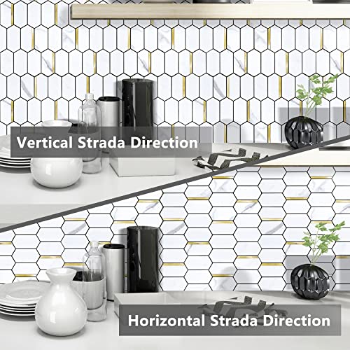 Vamos Tile Long Hexagon Peel and Stick Backsplash Tile - 10 Sheets Stick on Backsplash for Kitchen and Bathroom 12.4 x 12 Inch White Marble Look PVC Mixed Metal Gold Self Adhesive Mosaic Wall Tiles - Image 4
