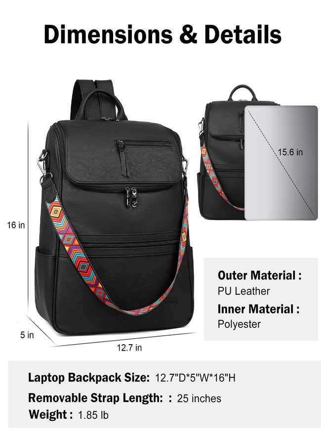 FADEON Laptop Backpack for Women Leather Travel Backpack with Laptop Compartment, Designer PU Shoulder Laptop Bag, Black Retro Style, Daypack Backpacks - Image 3