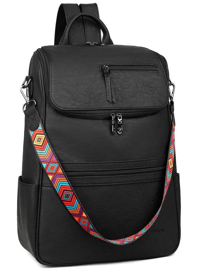 FADEON Laptop Backpack for Women Leather Travel Backpack with Laptop Compartment, Designer PU Shoulder Laptop Bag, Black Retro Style, Daypack Backpacks - Image 1