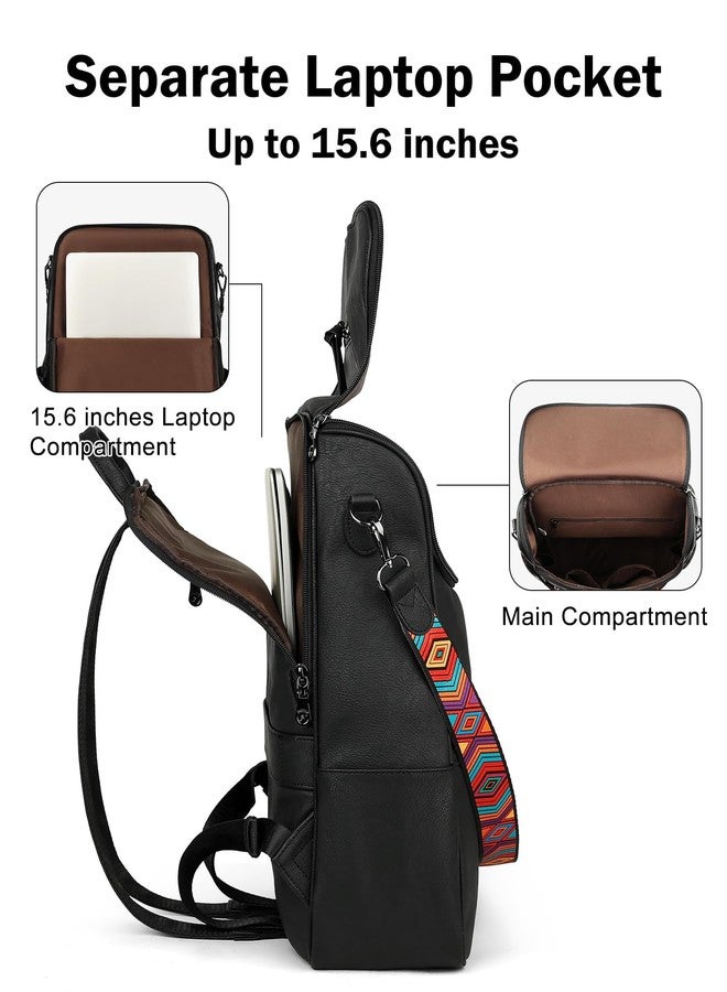FADEON Laptop Backpack for Women Leather Travel Backpack with Laptop Compartment, Designer PU Shoulder Laptop Bag, Black Retro Style, Daypack Backpacks - Image 2