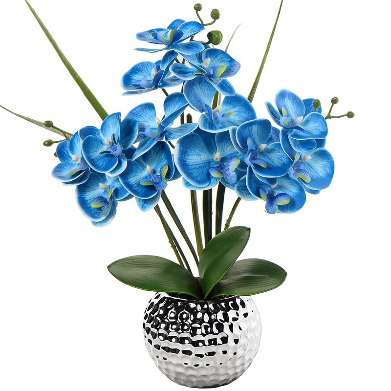 Briful Orchids Artificial Flowers 20 Blue Faux Orchid Flowers with Silver Vase Fake Phalaenopsis Silk Flowers for Home Coffee Table Bathroom Office Kitchen Decor