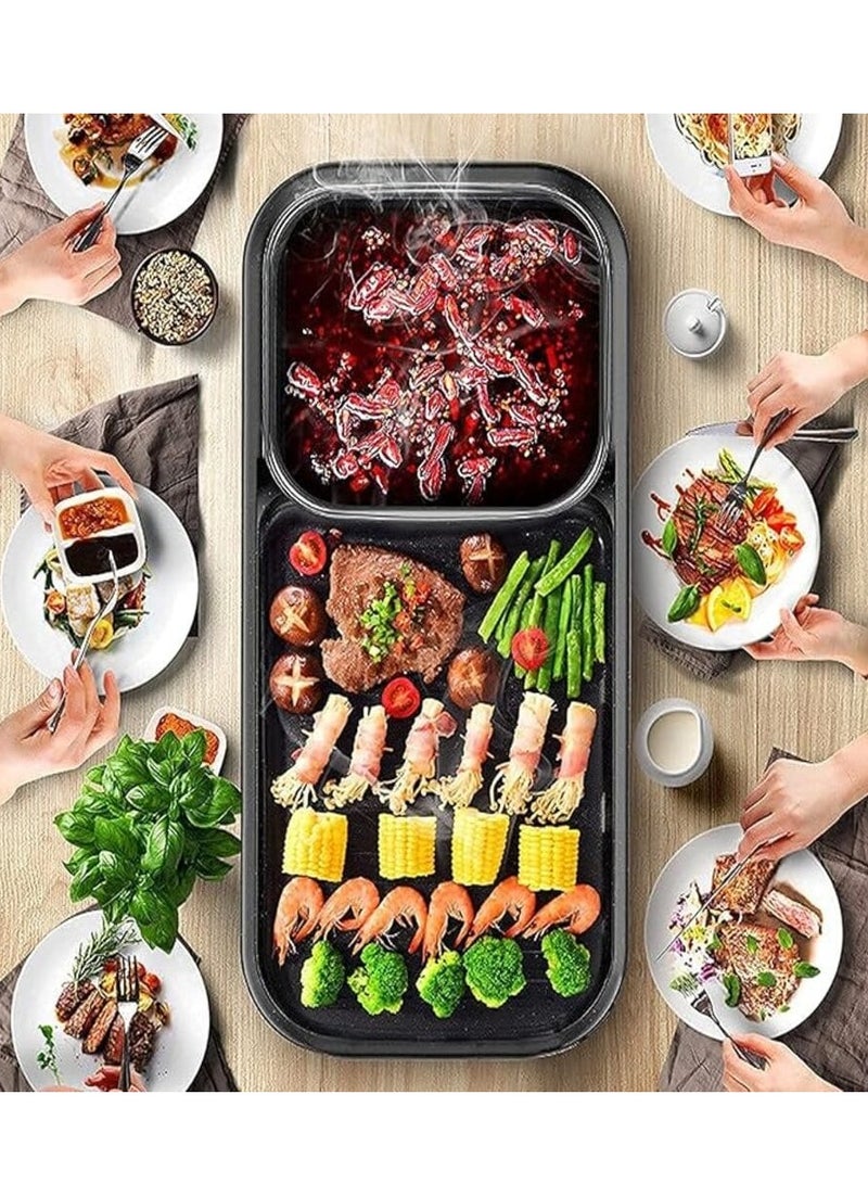 DISNIE Disnie 2 in 1 Hot Pot & BBQ Grill Plate Baking Pan with Glass Lid Nonstick Coating Electric Pan with Grill Plate Smokeless Barbecue Machine  - Image 1
