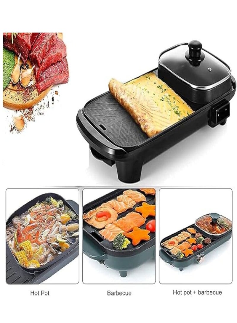 DISNIE Disnie 2 in 1 Hot Pot & BBQ Grill Plate Baking Pan with Glass Lid Nonstick Coating Electric Pan with Grill Plate Smokeless Barbecue Machine  - Image 2