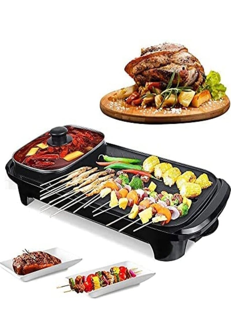 DISNIE Disnie 2 in 1 Hot Pot & BBQ Grill Plate Baking Pan with Glass Lid Nonstick Coating Electric Pan with Grill Plate Smokeless Barbecue Machine  - Image 3