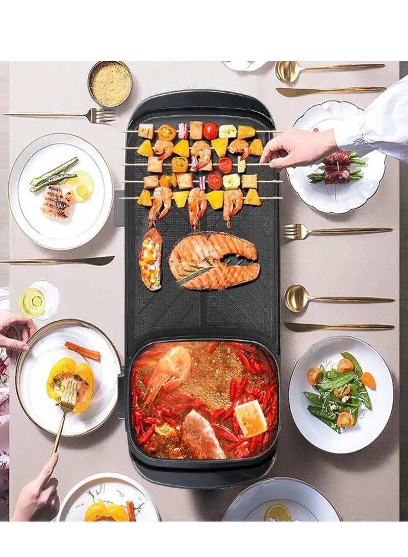 DISNIE Disnie 2 in 1 Hot Pot & BBQ Grill Plate Baking Pan with Glass Lid Nonstick Coating Electric Pan with Grill Plate Smokeless Barbecue Machine  - Image 5