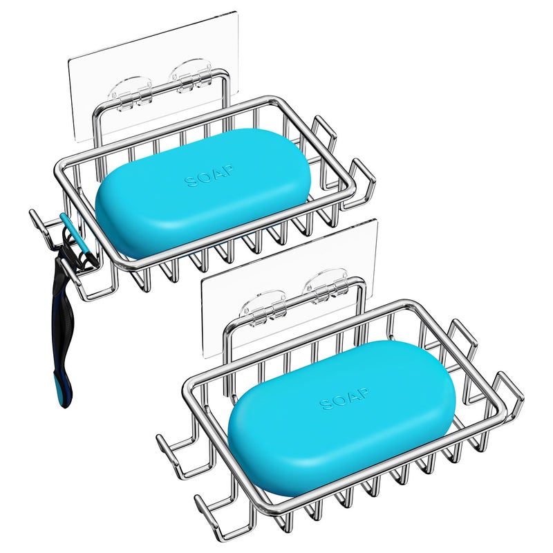 Nieifi Soap DishBar Soap Holder for Shower Wall with 4 Hooks Stainless Steel Adhesive Soap Dish for Bathroom Shower Razor Holder Silver