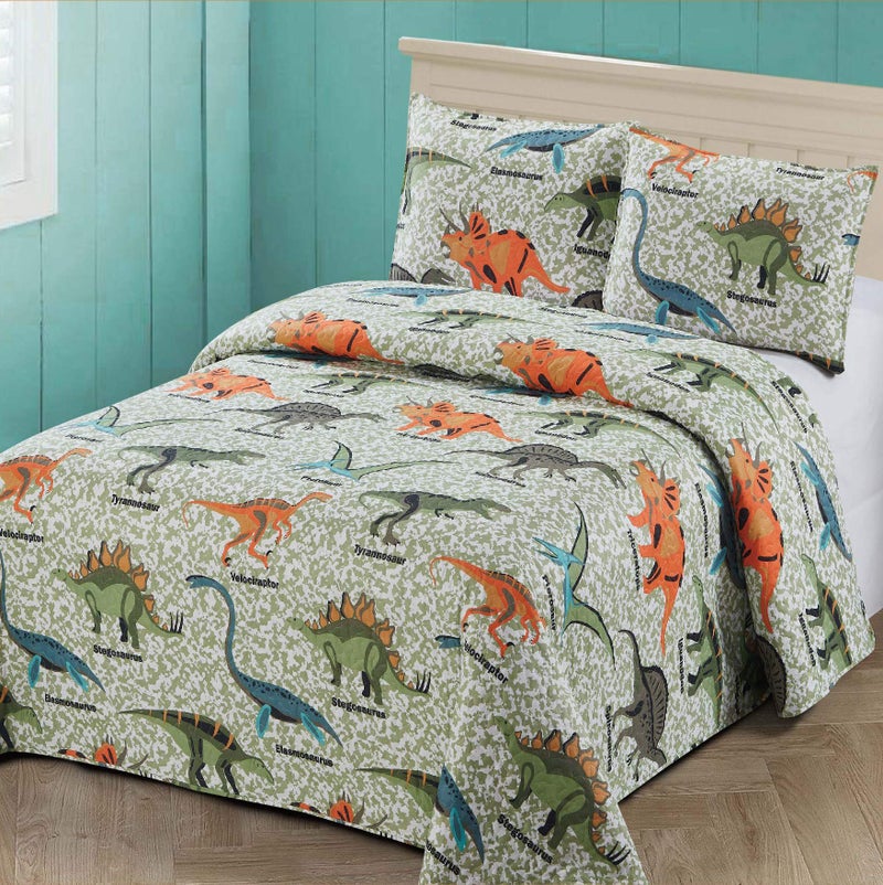 Kids Zone Home Linen 3 pc FullQueen Size Quilt Bedspread KidsTeens Boys Dinosaurs Army Green Blue OrangeMulticolor Bedding New 