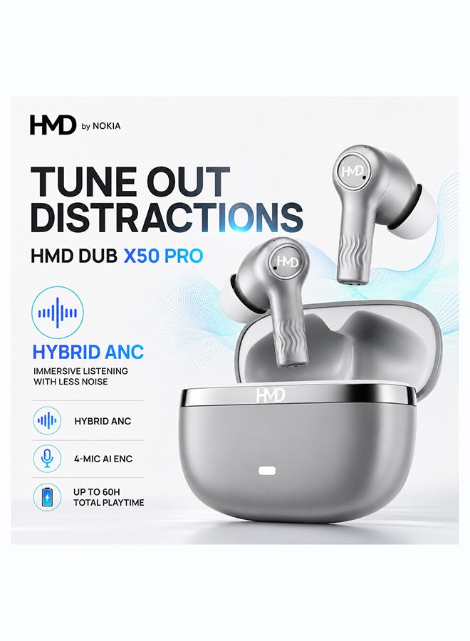 أتش أم دي سماعات أذن لاسلكية حقيقية DUB X50 Pro، سماعات بلوتوث، محركات 10 مم، شريحة DSP عالية الدقة، إلغاء الضوضاء النشط، 60 ساعة من وقت التشغيل، 4 ميكروفونات AI-ENC لمكالمات واضحة، IPX4، شحن سريع - Image 4