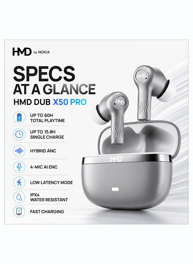 أتش أم دي سماعات أذن لاسلكية حقيقية DUB X50 Pro، سماعات بلوتوث، محركات 10 مم، شريحة DSP عالية الدقة، إلغاء الضوضاء النشط، 60 ساعة من وقت التشغيل، 4 ميكروفونات AI-ENC لمكالمات واضحة، IPX4، شحن سريع - Image 1