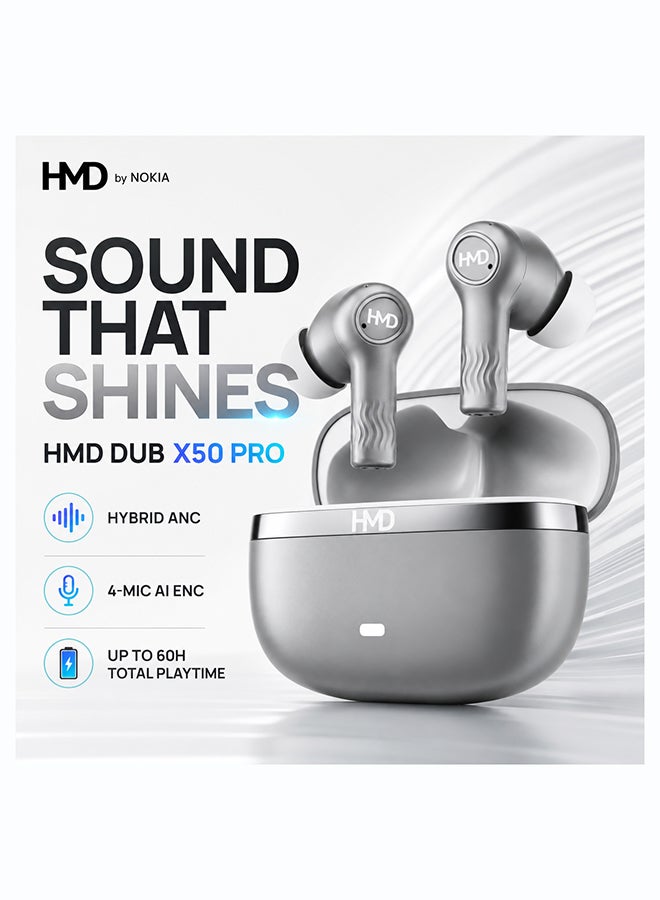 أتش أم دي سماعات أذن لاسلكية حقيقية DUB X50 Pro، سماعات بلوتوث، محركات 10 مم، شريحة DSP عالية الدقة، إلغاء الضوضاء النشط، 60 ساعة من وقت التشغيل، 4 ميكروفونات AI-ENC لمكالمات واضحة، IPX4، شحن سريع - Image 2