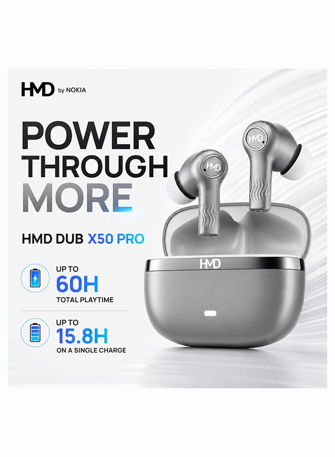 أتش أم دي سماعات أذن لاسلكية حقيقية DUB X50 Pro، سماعات بلوتوث، محركات 10 مم، شريحة DSP عالية الدقة، إلغاء الضوضاء النشط، 60 ساعة من وقت التشغيل، 4 ميكروفونات AI-ENC لمكالمات واضحة، IPX4، شحن سريع - Image 3