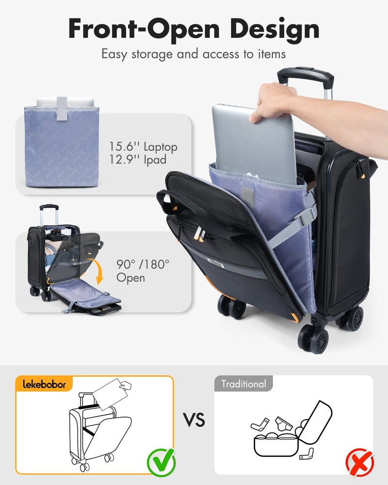 Lekebobor Underseat Carry On Luggage with Spinner Wheels,16 Inch Softside Suitcase with Detachable Wheels, Lightweight Travel Luggage Bag for Men Women, Black - Image 5