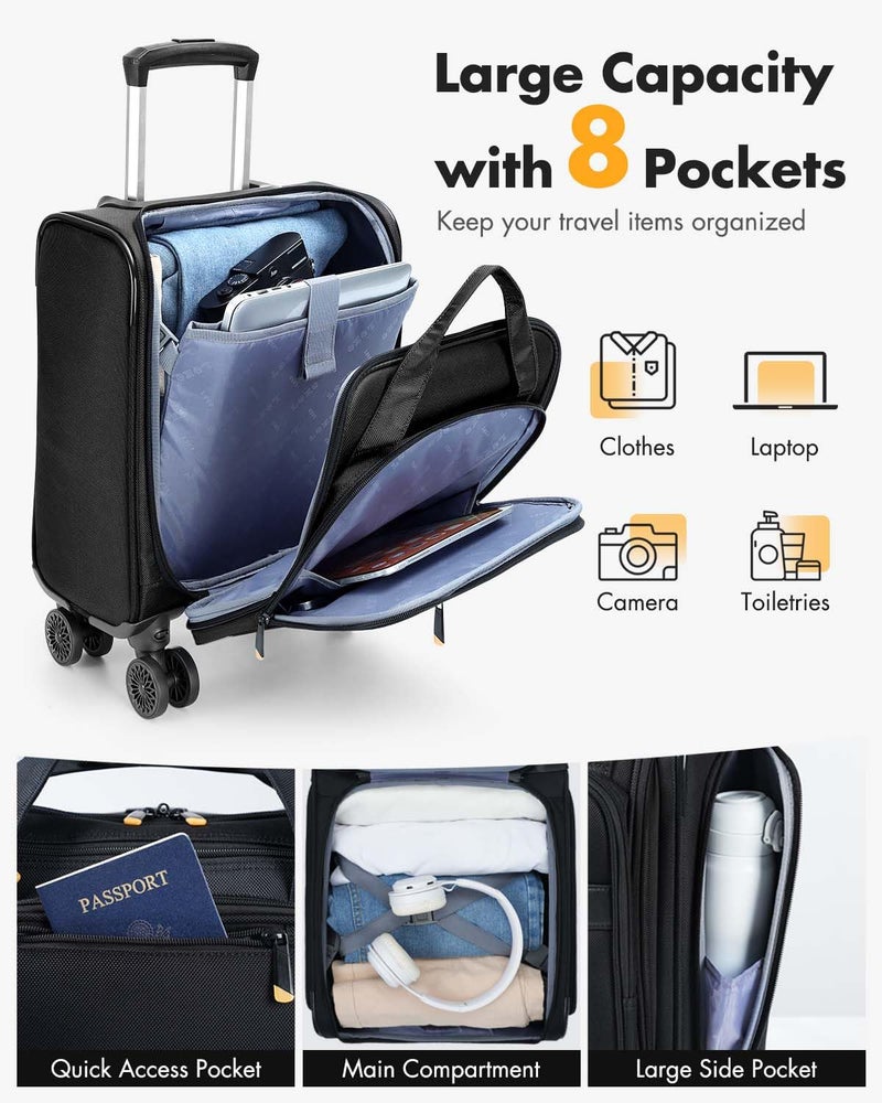 Lekebobor Underseat Carry On Luggage with Spinner Wheels,16 Inch Softside Suitcase with Detachable Wheels, Lightweight Travel Luggage Bag for Men Women, Black - Image 4