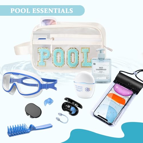 COSHAYSOO Clear POOL Makeup Bag Small Travel Pouch for Women Teenager Girls Pool Accessories Stuff Organizer Preppy Chenille Letter Patch Summer Girly Things - Image 4