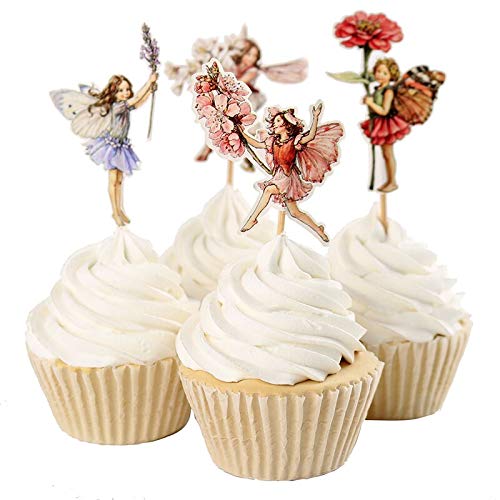 iMagitek 48 Pack Pretty Fairy Flower Cupcake Topper Picks  Cake Toppers Decorations for Fairy Flower Theme Party  Girls' Birthday Party  Wedding