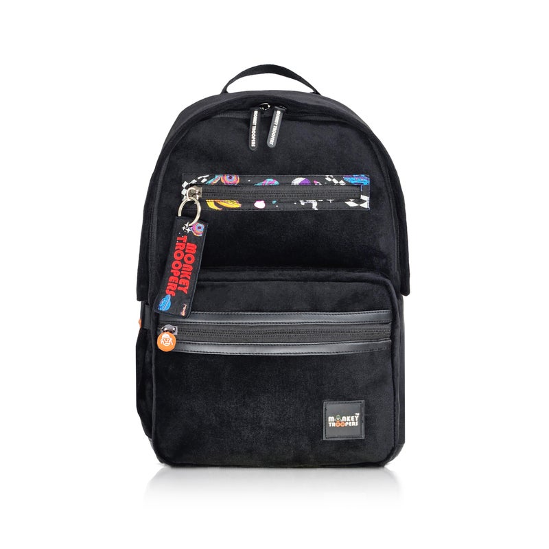 Monkey Troopers Coze Space Laptop Backpack for Men & Women, Premium Suede & PU Travel Backpack with Padded Laptop Sleeve, Organizer Pockets, Luggage Strap, College School Work Backpack, Black - Image 1