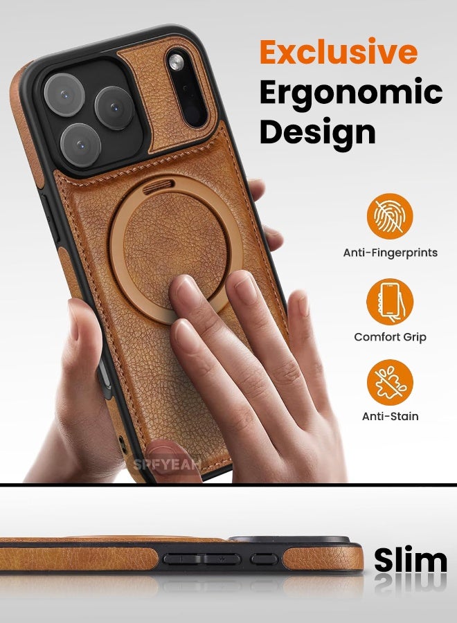 SPFYEAH Magnetic for iPhone 17 Pro Leather Case, Invisible Stand [Compatible with Magsafe] Luxury, Elegant, and Beautiful Design Cover, Non-Slip Vintage Looking Slim Kickstand Phone Cover, Brown - Image 5
