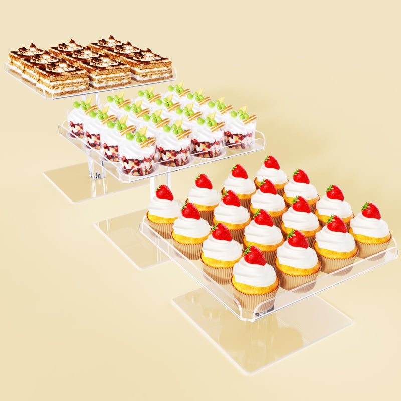 Bakzon 3 Piece Cupcake Stand, Acrylic Dessert Table Display Set, Clear Square Serving Trays for Birthday, Wedding, Baby Shower - Image 1
