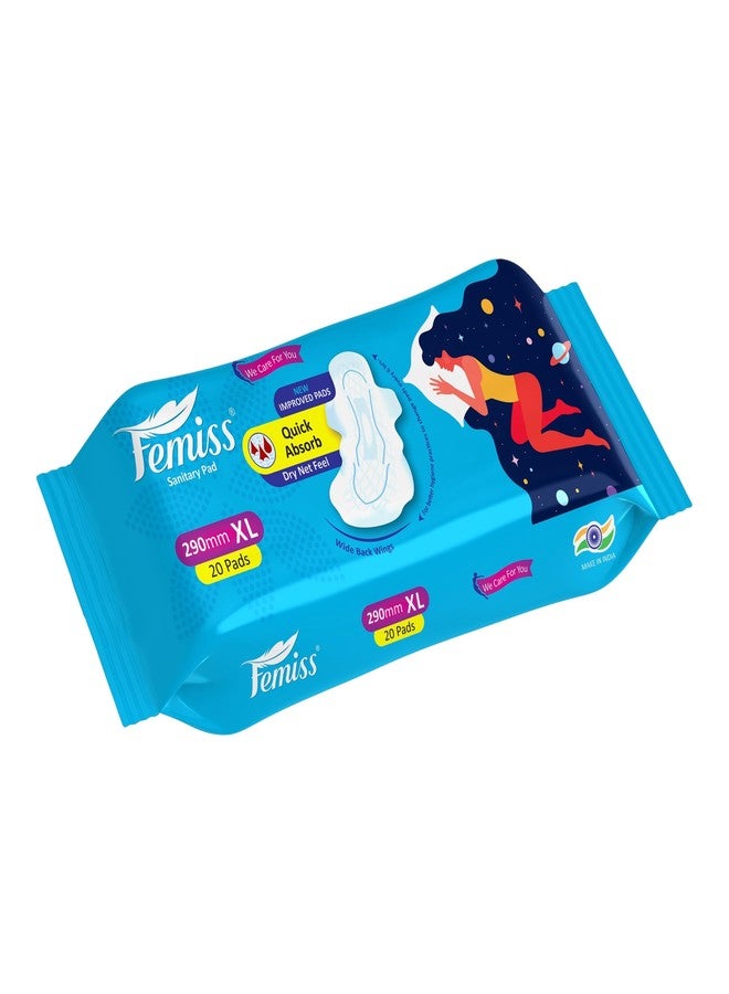 Femiss Soft & Rash Free Sanitary Pads for Women and Girls|Quick Absorption | Heavy Flow Champion | Leakage-Proof | Skin Friendly Straight pads (XL-Size, 290 MM, 20 PCS, Pack of 1) - Image 1