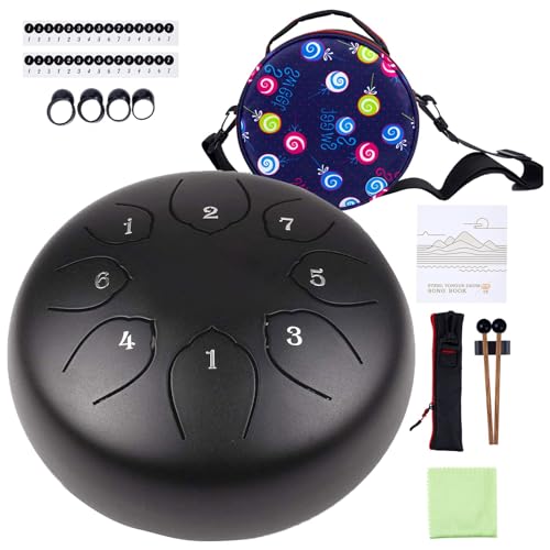 Musfunny Steel Tongue Drum Kids Instrument: Musical Metal Tank Drums Set 6 Inch 8 Notes C-Key for Meditation Yoga Education Percussion with Bag, Music Book, Mallets, Finger Picks(Black) - Image 1