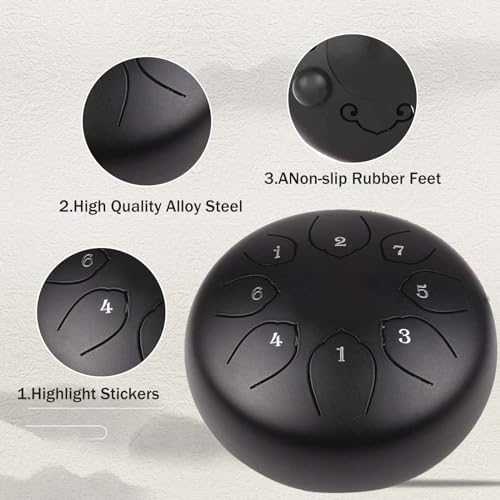 Musfunny Steel Tongue Drum Kids Instrument: Musical Metal Tank Drums Set 6 Inch 8 Notes C-Key for Meditation Yoga Education Percussion with Bag, Music Book, Mallets, Finger Picks(Black) - Image 3