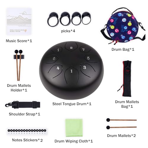 Musfunny Steel Tongue Drum Kids Instrument: Musical Metal Tank Drums Set 6 Inch 8 Notes C-Key for Meditation Yoga Education Percussion with Bag, Music Book, Mallets, Finger Picks(Black) - Image 2