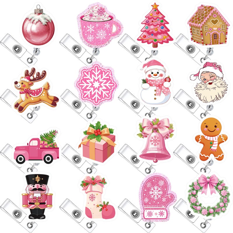 Fullhawl 16 Pcs Christmas Pink Winter Nurse Badge Reel Retractable with ID Clip Bling Snowman Snowflakes Holiday Gift Badge Holder for Nursing Er ICU Women Men Office Doctors - Image 2