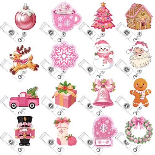 Fullhawl 16 Pcs Christmas Pink Winter Nurse Badge Reel Retractable with ID Clip Bling Snowman Snowflakes Holiday Gift Badge Holder for Nursing Er ICU Women Men Office Doctors - Image 1
