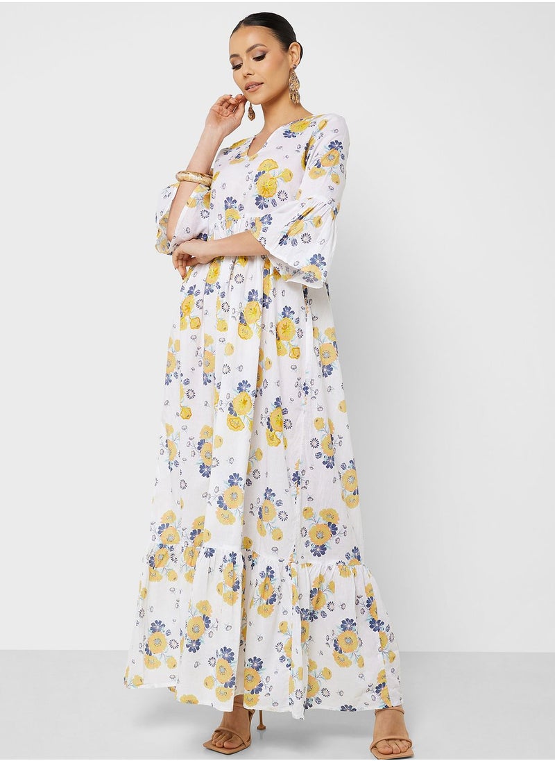 ARABIAN CLOSET - Printed V-Neck Jalabiya - Image 1
