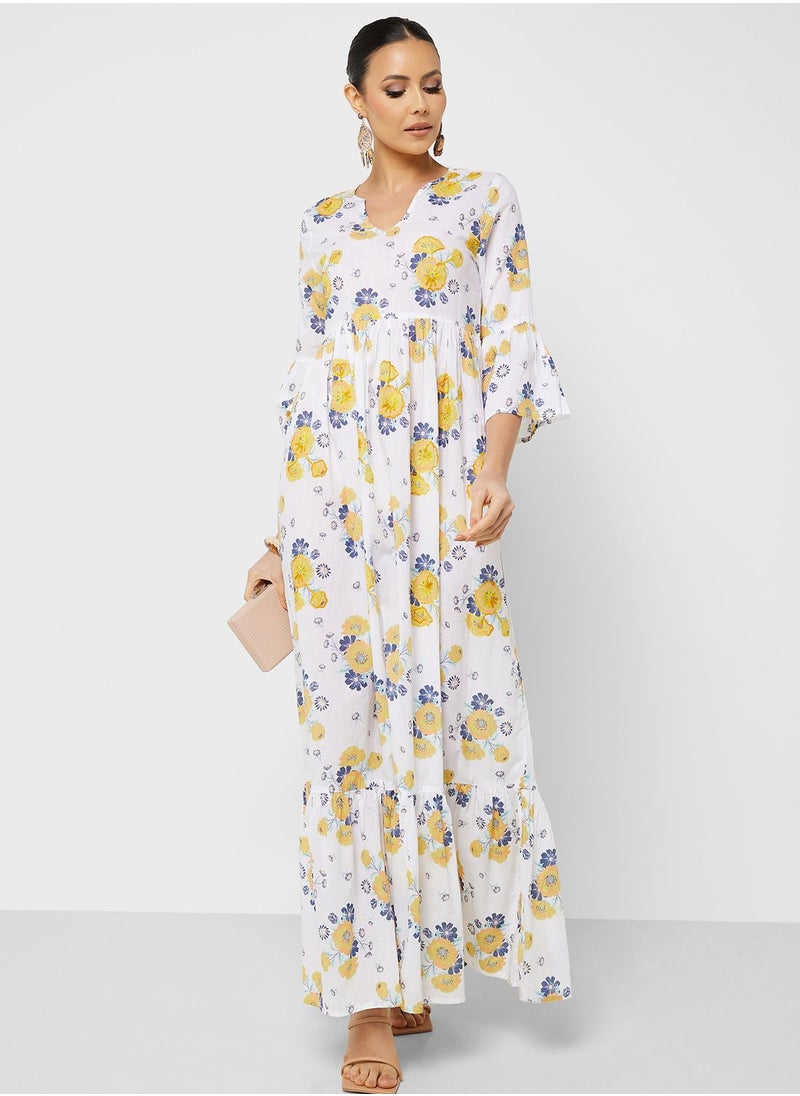 ARABIAN CLOSET - Printed V-Neck Jalabiya - Image 1