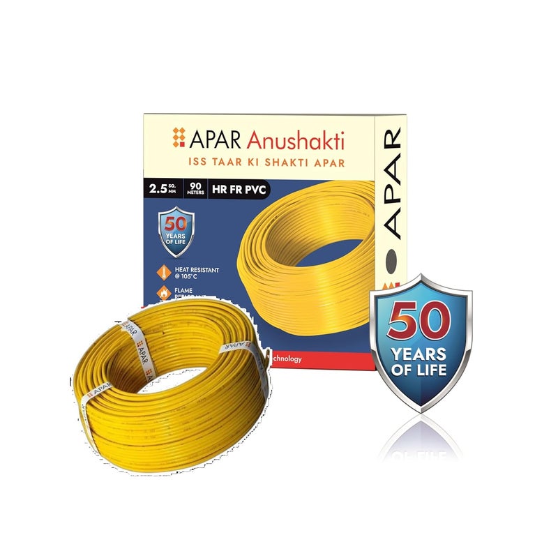 APAR ANUSHAKTHI 10Sq mm 90m HEAT RESISTANT 105C FLAME RETARDANT PVC Powered by EBEEM TECHNOLOGY Single Core CLASS 5 COPPER Conductor Wire for Domestic Industrial Electrical Wiring Yellow - Image 1