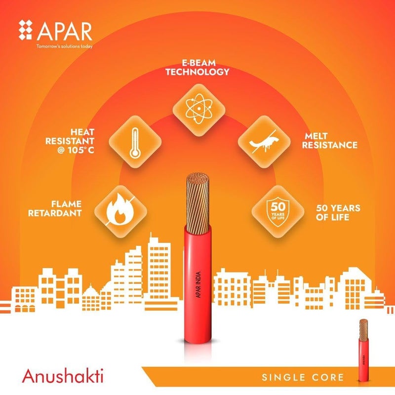 APAR ANUSHAKTHI 10Sq mm 90m HEAT RESISTANT 105C FLAME RETARDANT PVC Powered by EBEEM TECHNOLOGY Single Core CLASS 5 COPPER Conductor Wire for Domestic Industrial Electrical Wiring Yellow - Image 2