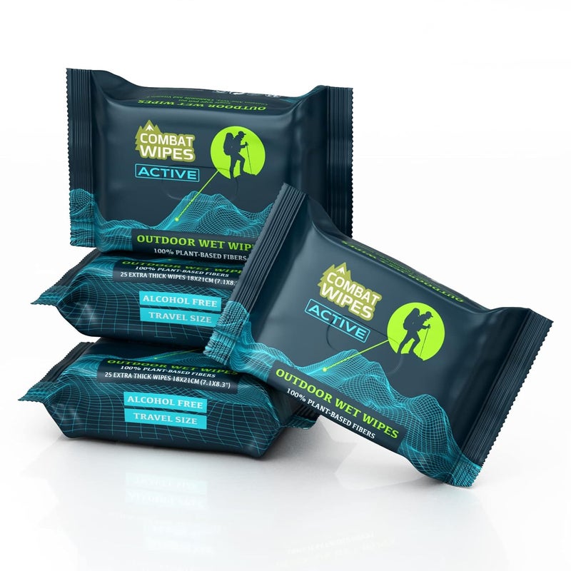 COMBAT WIPES ACTIVE Outdoor Wet Wipes - Extra Thick Camping Gear, Biodegradable, Body & Hand Cleansing/Refreshing Cloths for Backpacking & Gym w/Natural Aloe & Vitamin E(4 packs, 25 wipes each) - Image 1