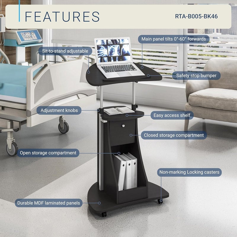 Techni Mobili Sit-to-Stand Mobile Medical Laptop Computer Cart, Black, Adjustable Height, B005 - Image 3