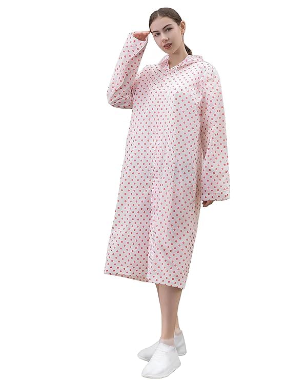 WKLOUYHE EVA Raincoat with Hood Transparent Water Resistant Rainwear Bike Rainsuit for Men & Women (Polka Dot Design)_Pack Of 01,Free Size,Pink - Image 2