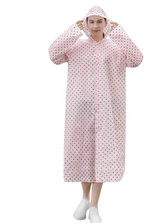 WKLOUYHE EVA Raincoat with Hood Transparent Water Resistant Rainwear Bike Rainsuit for Men & Women (Polka Dot Design)_Pack Of 01,Free Size,Pink - Image 4
