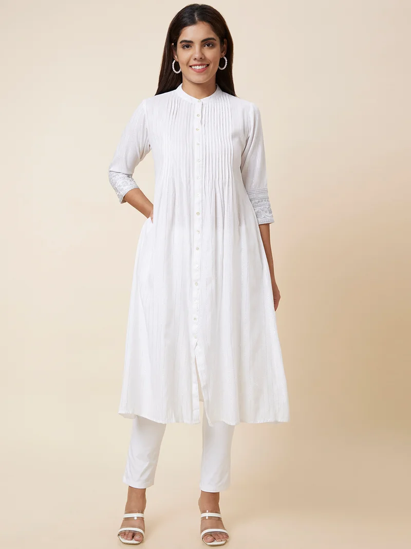 globus Globus Women Striped Thread Work Pleated A-Line Festive Kurta