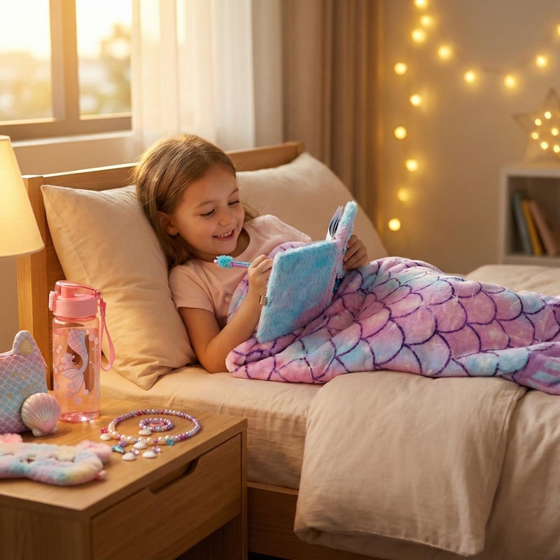 ELSEULAR Mermaid Gifts for Girls 4-10 Year Old, 8Pc Gift Box with Mermaid Tail Blanket, Jewelry, Kids Purse, water bottle & Notebook, Birthday Toys for 4-6 8-10 Year Old Girl, Safe Non-Toxic Stationery Set - Image 3