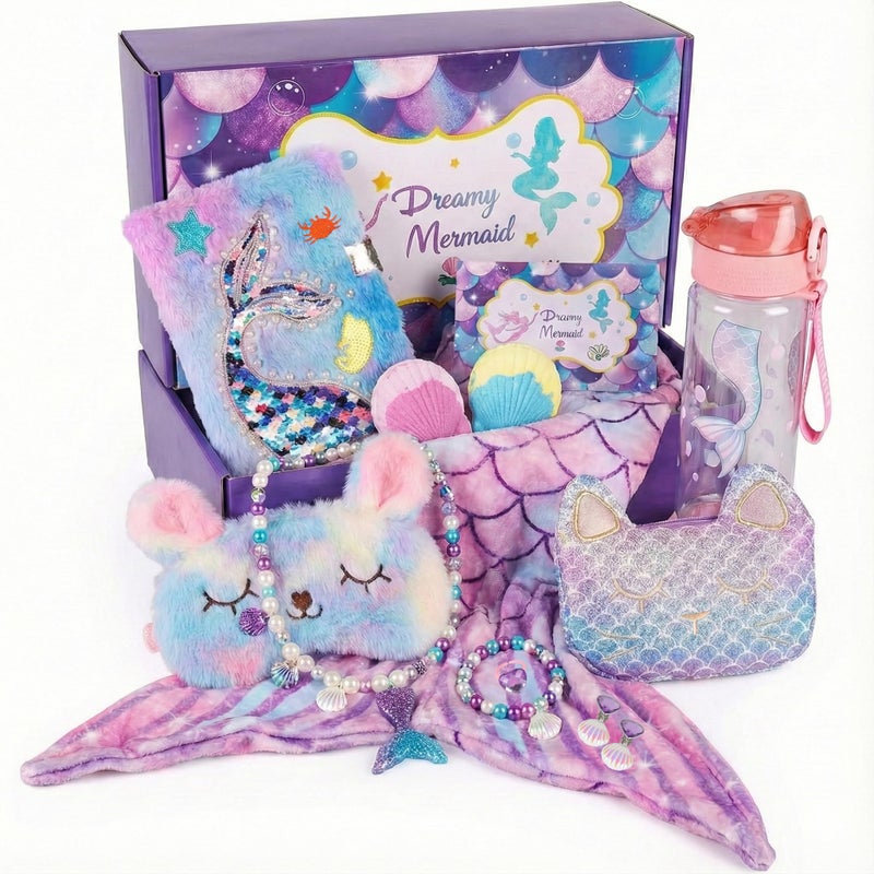 ELSEULAR Mermaid Gifts for Girls 4-10 Year Old, 8Pc Gift Box with Mermaid Tail Blanket, Jewelry, Kids Purse, water bottle & Notebook, Birthday Toys for 4-6 8-10 Year Old Girl, Safe Non-Toxic Stationery Set - Image 1