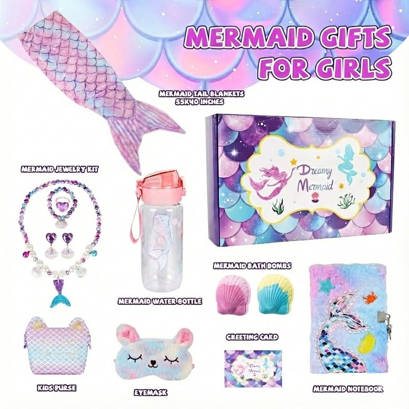 ELSEULAR Mermaid Gifts for Girls 4-10 Year Old, 8Pc Gift Box with Mermaid Tail Blanket, Jewelry, Kids Purse, water bottle & Notebook, Birthday Toys for 4-6 8-10 Year Old Girl, Safe Non-Toxic Stationery Set - Image 2