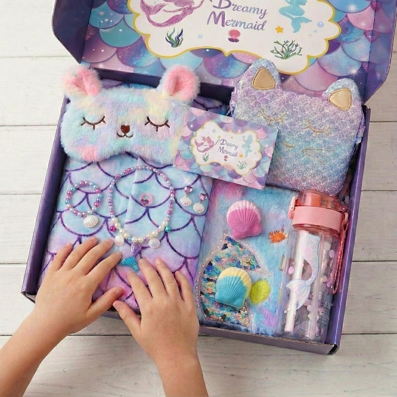 ELSEULAR Mermaid Gifts for Girls 4-10 Year Old, 8Pc Gift Box with Mermaid Tail Blanket, Jewelry, Kids Purse, water bottle & Notebook, Birthday Toys for 4-6 8-10 Year Old Girl, Safe Non-Toxic Stationery Set - Image 5