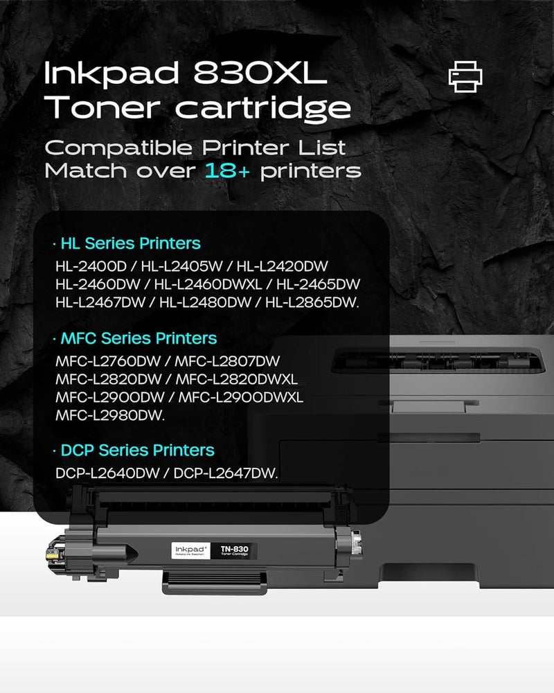 iNKPAD TN830XL Compatible Toner Cartridge High Yield Replacement for Brother TN830XL TN830 Compatible with HL-L2460DW DCP-L2640DW MFC-L2820DW HL-L2420DW HL-L2405W Printers (2 Black) - Image 2