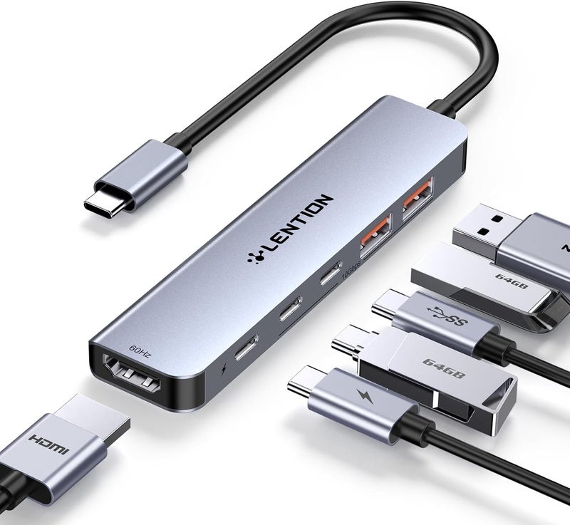 لينشن محطة توسعة LENTION USB-C مع HDMI بدقة 4K@60Hz، نقل بيانات بسرعة 10 جيجابت في الثانية مع منفذي USB-C ومنفذي USB 3.2 Gen2، شحن PD بقدرة 100 واط، لأجهزة Windows PC وMac وiPhone 17 والمزيد، محول تشغيل مستقر (CB-CE37، رمادي فضائي) - Image 1