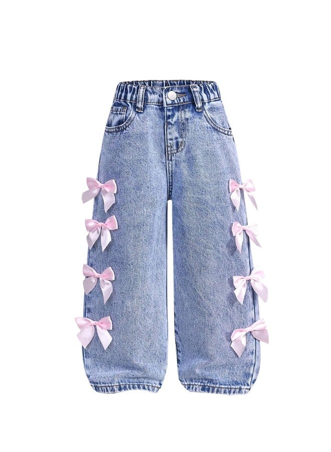 WDIRARA Toddler Girl's Y2k Bow Jeans Elastic High Waisted Wide Leg Denim Pants Light Wash Blue 6Y - Image 1